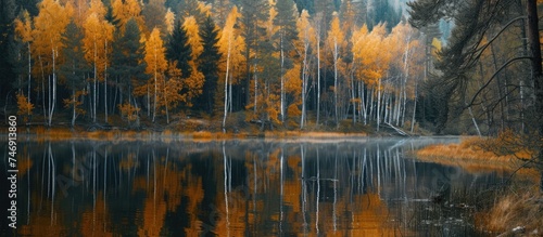 A body of water is encompassed by a forest of trees with striking yellow leaves  including pines and birches. The autumn setting creates a vibrant display of colors reflecting on the serene lake