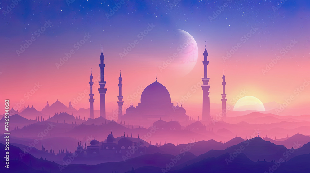 Ramadan Kareem background with mosque and crescent moon