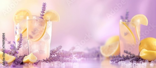 A glass filled with sliced lemons and lavender sprigs placed on a wooden table. The vibrant yellow lemons contrast with the delicate purple lavender, creating a visually appealing display.