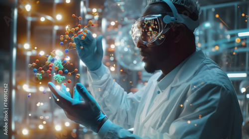 A scientist in a white lab coat with an Apple Vision headset controlling molecules in the air and exploring how they combine in a futuristic 3D hologram © Suppakarn