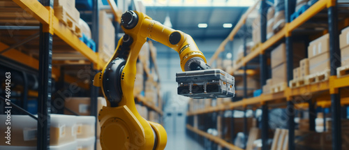 A robotic arm equipped with precision grippers smoothly operates in a warehouse, handling boxes for streamlined distribution. photo