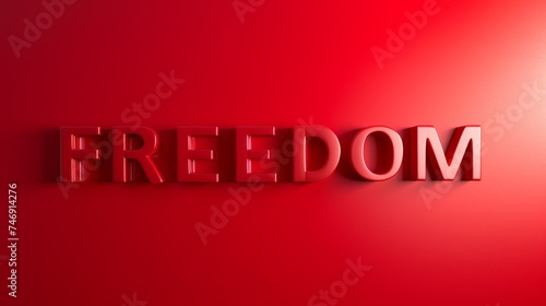 Red Glossy Surface Freedom concept creative horizontal art poster. Photorealistic textured word Freedom on artistic background. Ai Generated Liberty and Independence Horizontal Illustration.. © Vector Juice