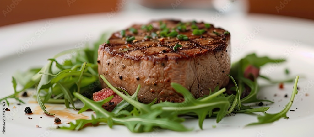A succulent piece of ribeye steak rests on a clean white plate, accompanied by a bed of fresh arugula greens. The meat is juicy and cooked to perfection, exuding savory aromas while the vibrant greens A succulent piece of ribeye steak rests on a clean white plate, accompanied by a bed of fresh arugula greens. The meat is juicy and cooked to perfection, exuding savory aromas while the vibrant greens
