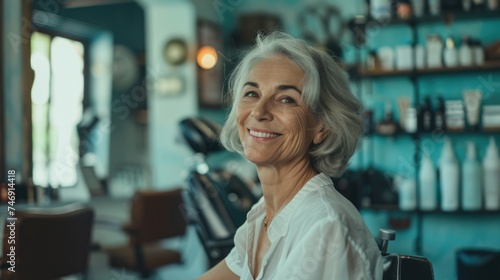 Happy smiling mature senior customer lady at hair salon. AI Generated 