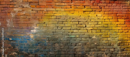 A brick wall adorned with a rainbow colored paint scheme  adding a burst of color to the weathered surface. The rainbow spans across the bricks in a vivid display of contrasting hues.