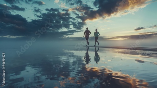 Couple on a morning run on the beach, back view. Healthy lifestyle. AI Generated photo