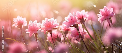 A close-up view of a bunch of pink flowers blooming beautifully in the green grass with a shallow depth of field.
