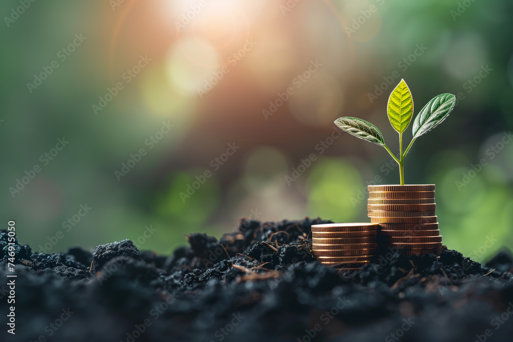 Stacks of coins sit atop rich soil, with a plant, background for sustainable finance development, investment growth, and financial success concept. - obrazy, fototapety, plakaty 