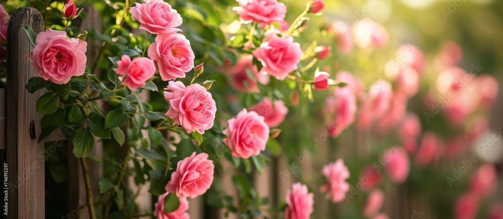 Blooming Pink Roses Gracefully Adorning a Rustic Garden Fence