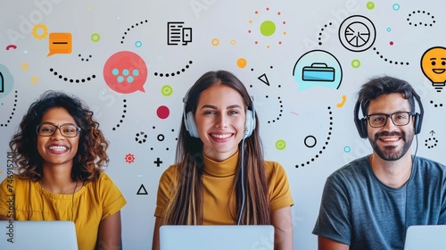 Diverse customer support staff with headsets and laptops, smiling in a vibrant, icon-illustrated office environment.