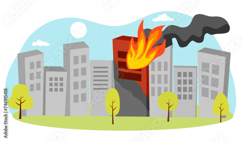 Fire burning tower of apartment building. Orange flames in the windows and smoke . Building fire flat design vector illustration.