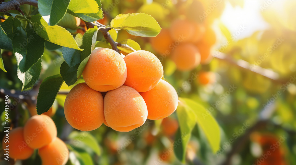 A bunch of ripe apricot fruits hanging on a tree on a background of orchard apricots with golden sunlight created with Generative AI Technology