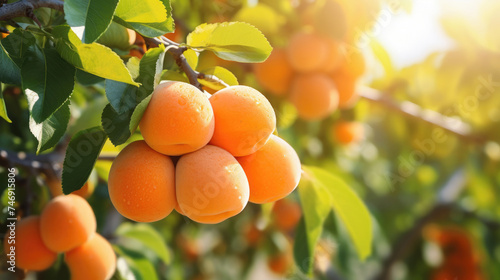A bunch of ripe apricot fruits hanging on a tree on a background of orchard apricots with golden sunlight created with Generative AI Technology