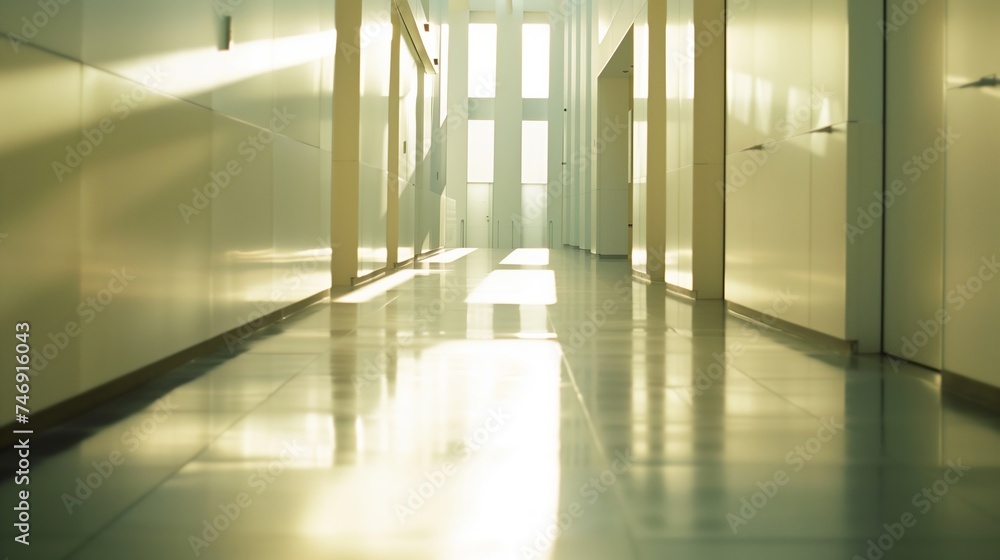 Sunlit Corridor in Modern Building with Reflective Flooring Sunlit Corridor in Modern Building with Reflective Flooring