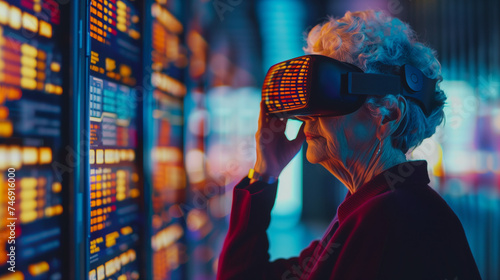 An old woman explores a digital world using VR glasses amid vibrant lights. An elderly woman looks at charts, business analyst of the future.