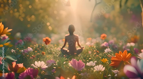 Peaceful Meditation in Flower Garden at Sunset with AI generated.
 photo