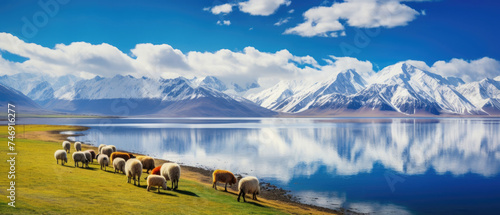Tranquil view of Lake Iskanderkul reflecting the blue sky and surrounding iceberg mountain peaks with sheep eating grass along the beauty of Tajikistan lakeshore created with Generative AI Technology