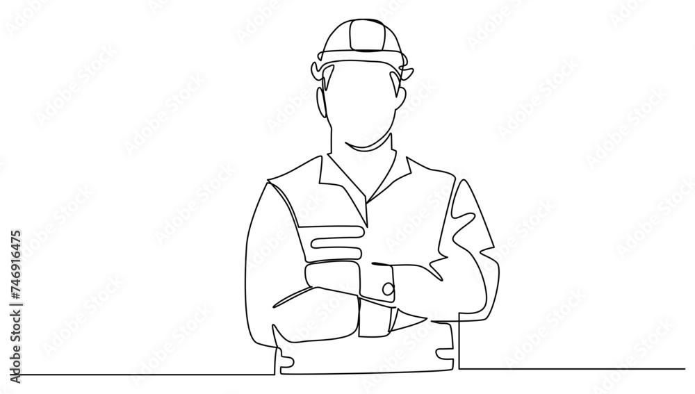 Continuous male architect at a building site with arms crossed. Concept workers ,business vector illustration