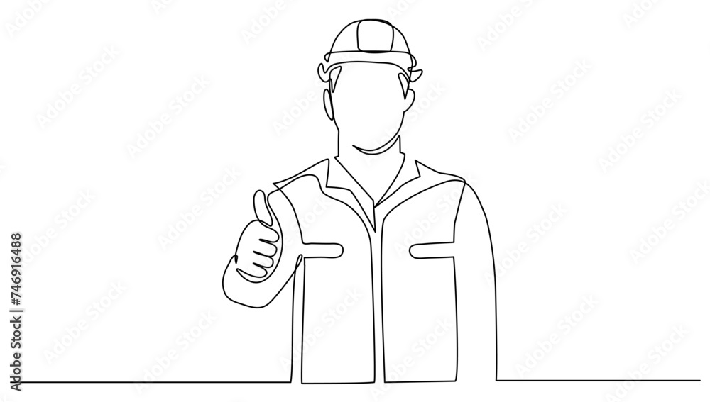 Continuous one line male construction workers at a building site gives thumbs up. Concept workers business vector illustration