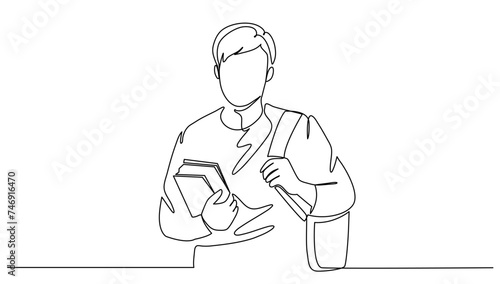Continuous male student carrying his backpack and books. Concept school, university, study vector illustration
