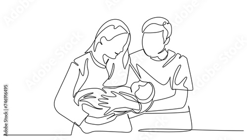 Mother holding newborn child together with father. Concept happy family one line continuous vector illustration