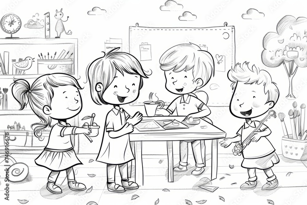 Cartoon cute doodles of children practicing good manners and kindness towards each other in kindergarten, Generative AI Cartoon cute doodles of children practicing good manners and kindness towards each other in kindergarten, Generative AI