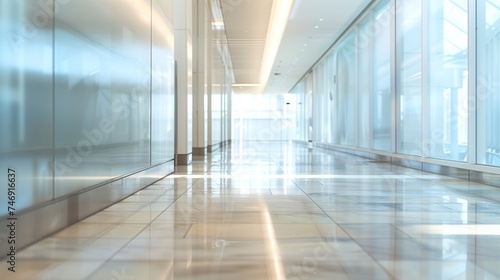 Sleek Corporate Hallway with Reflective Floors and Modern Glass Walls