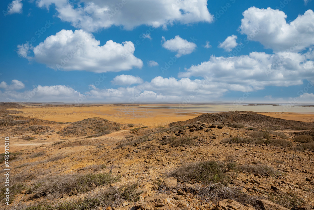 Landscape of the Bahía Portete with blue sky Natural National Park. Guajira, Colombia. 
