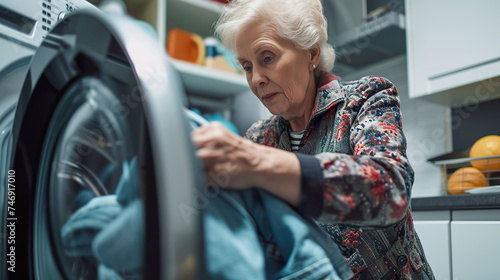 Senior woman taking laundry out of washing machine at home