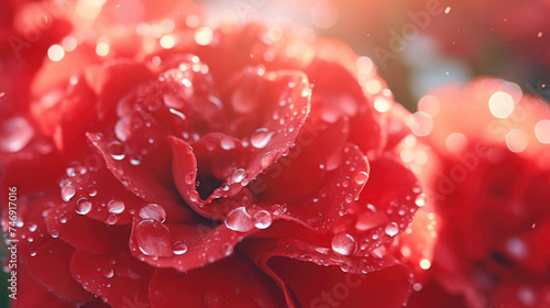 Beautiful close-up of blooming red Carnation Flower Petals Sparkling dewdrops on bright background illuminated by morning rays natural lighting golden light created with Generative AI Technology