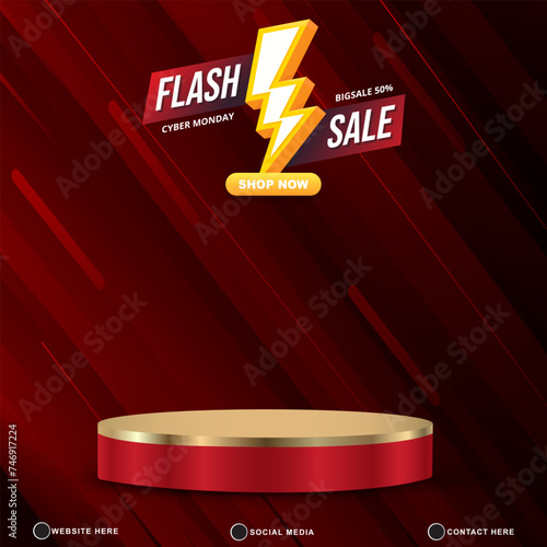 flash sale discount template banner with blank space 3d podium for product sale with abstract gradient red background design