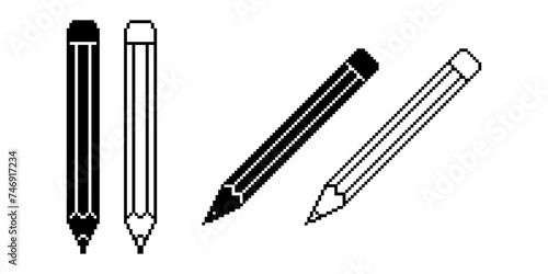 pixel art pencil icon set isolated on white background