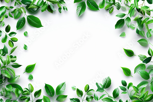 Spring greeting card in spring theme with green leaves frame isolated on white