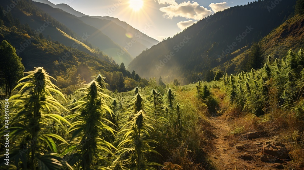 Cannabis or marijuana outdoors plantation growing on the mountains. Wide angle - obrazy, fototapety, plakaty 