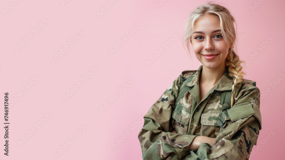 Blonde woman in Paramilitary Forces uniform isolated on pastel background Blonde woman in Paramilitary Forces uniform isolated on pastel background