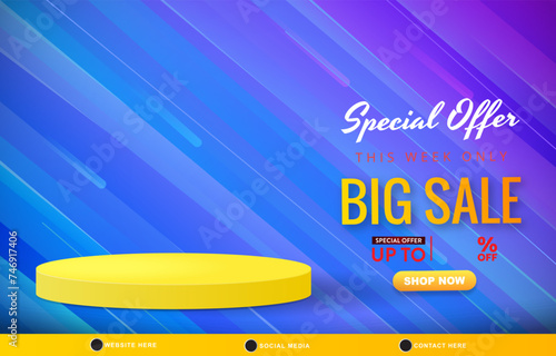 special offer big sale discount template banner with blank space 3d podium for product sale with abstract gradient blue and yellow background design