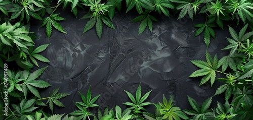 Medicinal marijuana leaf frame on black background
