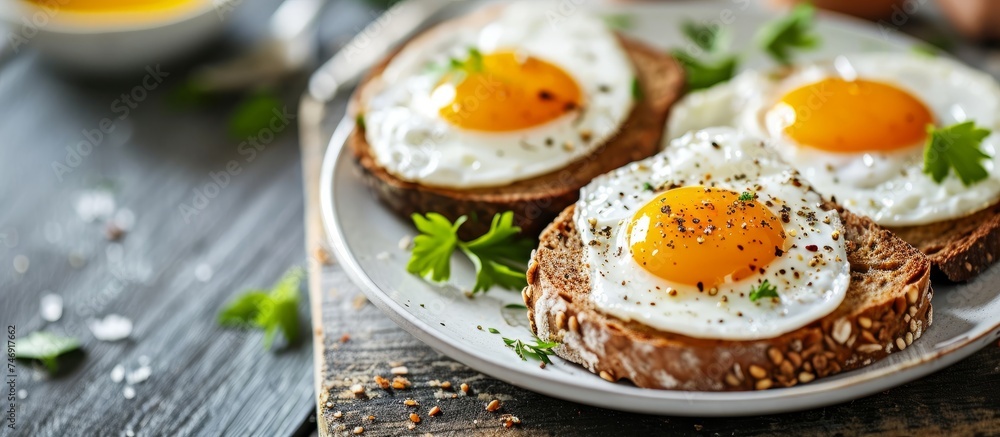 Two Delicious Eggs on Golden Toasted Bread Served on a Plate - Irresistible Breakfast Concept
