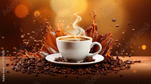 A cup of freshly brewed espresso coffee produces white steam with roasted coffee beans scattered around it isolated on a clean dark background created with Generative AI Technology photo