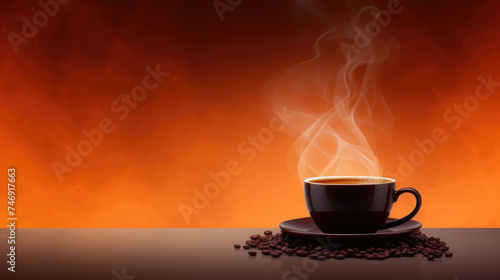 A cup of freshly brewed espresso coffee produces white steam with roasted coffee beans scattered around it isolated on a clean dark background created with Generative AI Technology