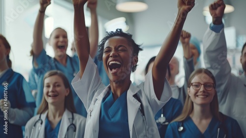 Large diverse multiethnic medical team standing cheering and punching the air with their fists as they celebrate a success or motivate themselves