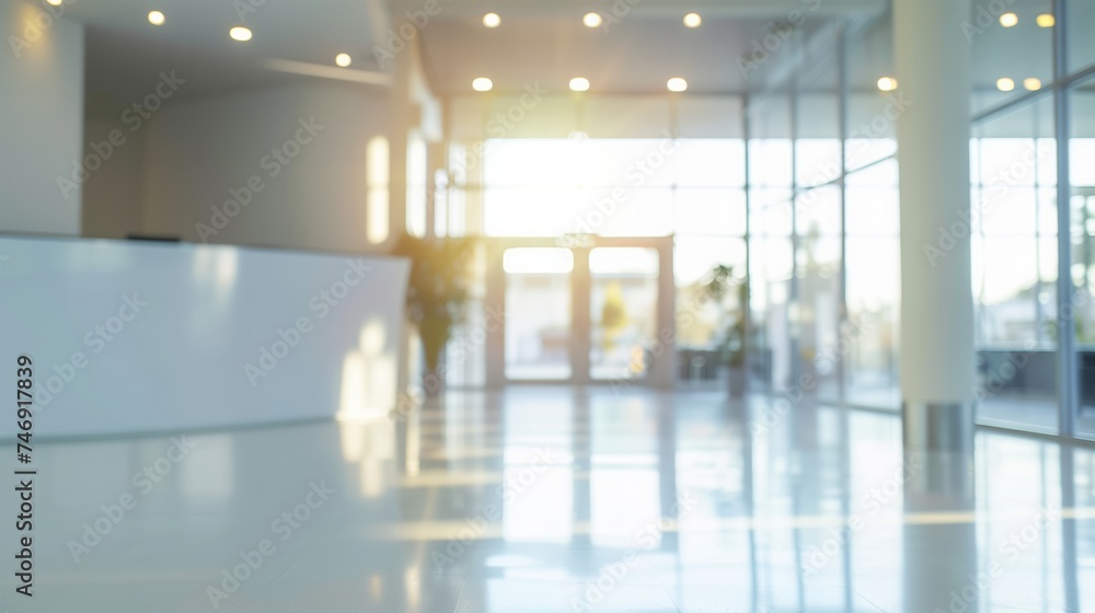 Soft Focus View of a Sunlit Corporate Lobby with People in Motion