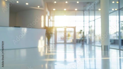 Soft Focus View of a Sunlit Corporate Lobby with People in Motion