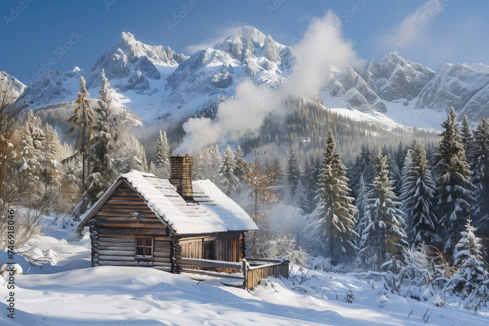 A weathered wood cabin nestled in a snowy forest, smoke rising from its chimney, and a snow-covered mountain range in the background