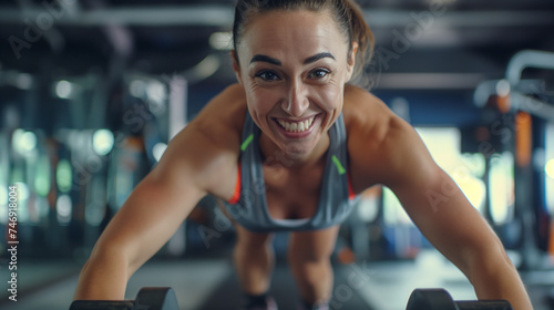 Portrait of a smiling young woman training in the gym photo