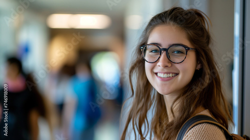 Retrato de uma jovem estudante sorridente em pé no corredor da universidade. photo