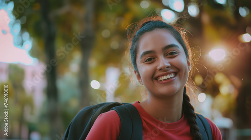 Retrato de uma jovem estudante sorridente em pé no corredor da universidade.