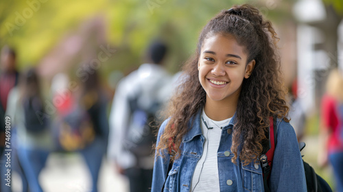 Retrato de uma jovem estudante sorridente em pé no corredor da universidade.
