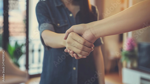 Imagem aproximada de empresários apertando as mãos em pé no escritório moderno photo