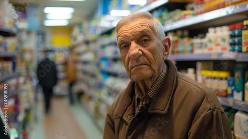 Retrato de homem sênior olhando frascos de remédios na farmácia.